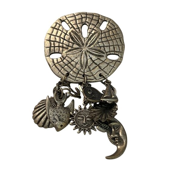 Sand Dollar Charm Brooch Nautical Celestial Dangling Charms Silver Tone 3.5" - Picture 1 of 4
